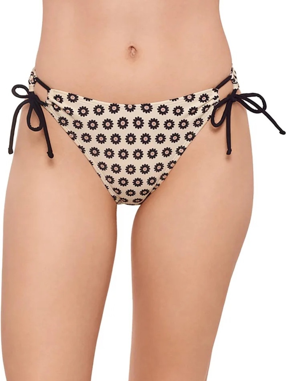 Salt + Cove Beige Floral Side-Tie Bikini Bottom with Black Details